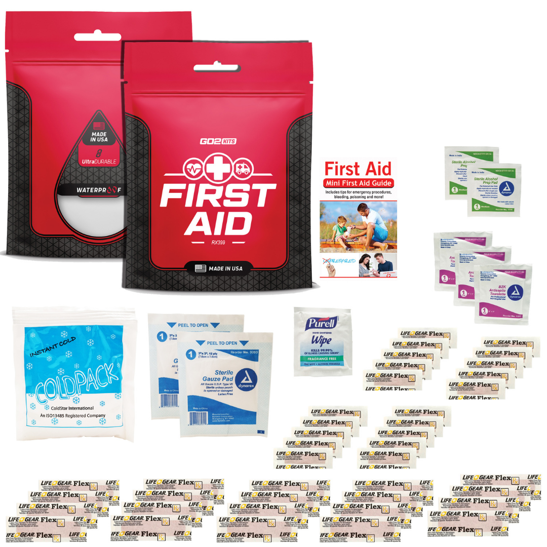Go2 Kits First Aid Kit Featuring Assorted Bandages, Wipes, Instant Ice Pack and First Aid Basics in Compact Reusable Kit USA Made (RX399)