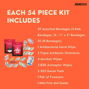 Go2 Kits 54 Piece First Aid Kit Featuring Assorted Bandages, Wipes and First Aid Basics in Compact Reusable Kits for Home, Office & Travel (RX350MAX)