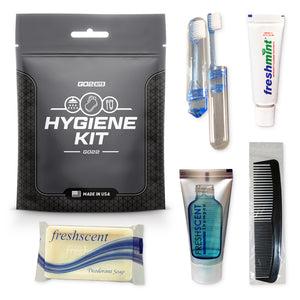 Go2Kits 10-PACK Hygiene Toiletry Travel PPE Kits for Travel, Business & Charity with Reusable Toothbrush, Bath Soap & Other Essential Toiletries