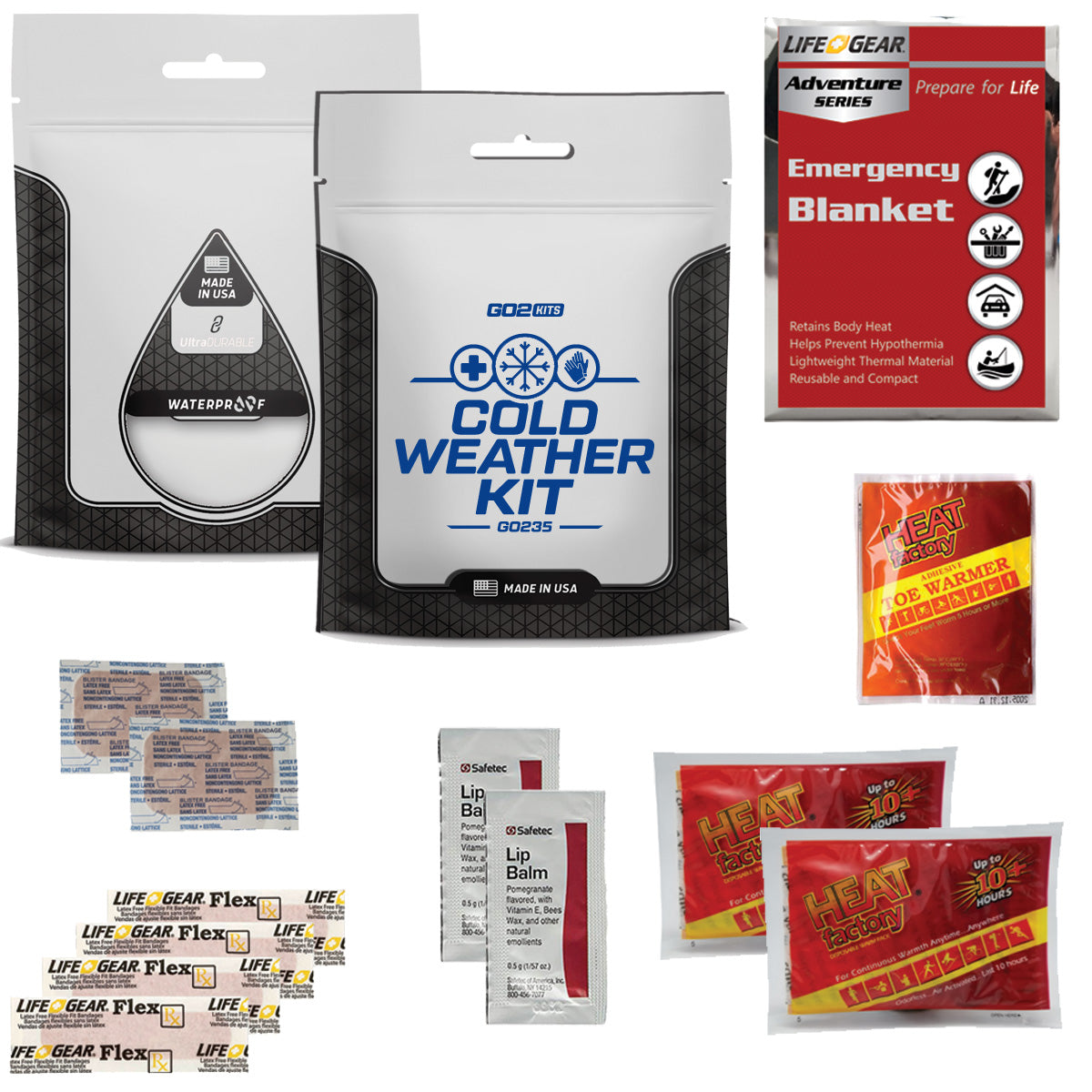 Go2 Kits Cold Weather Winter Kit for Homeless Charity Winter Hygiene Toiletry Kit with Hand Warmers, Space Blanket, Lip Balm & Other Personal Care Essentials (GO235)
